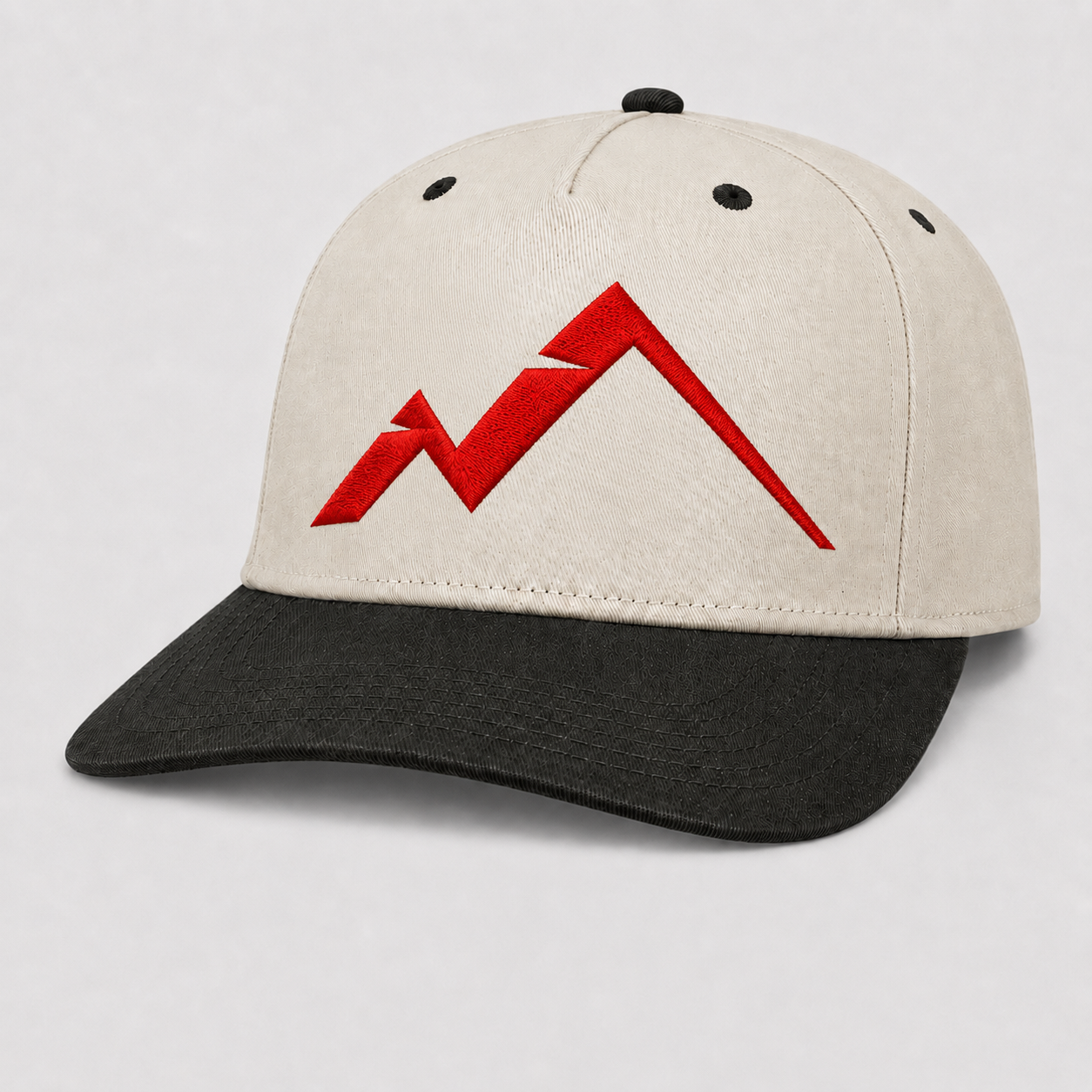 Massis Icon Hat with red mountain logo on cream and black cap